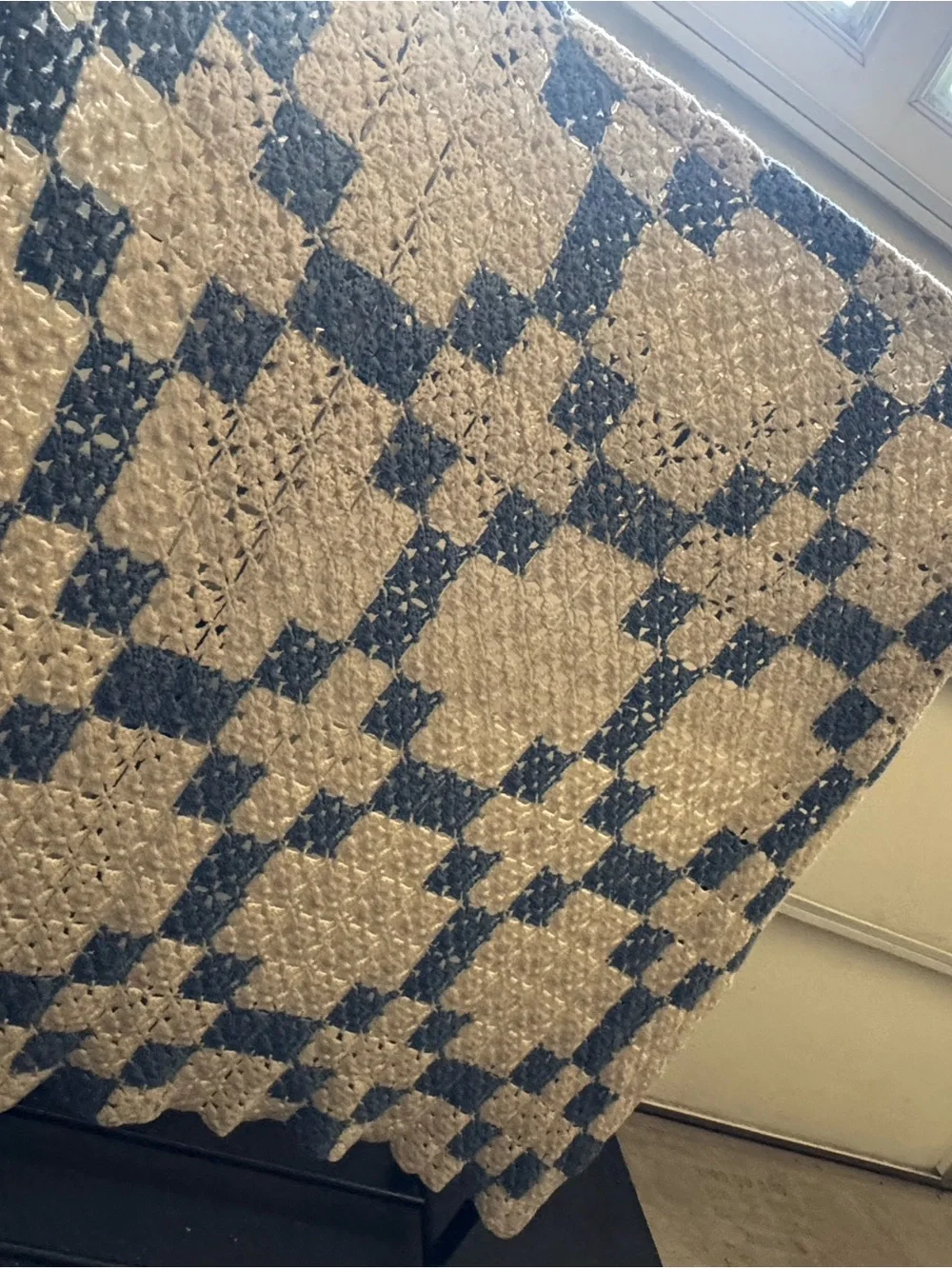Handmade Cream and Blue Crochet Throw Blanket